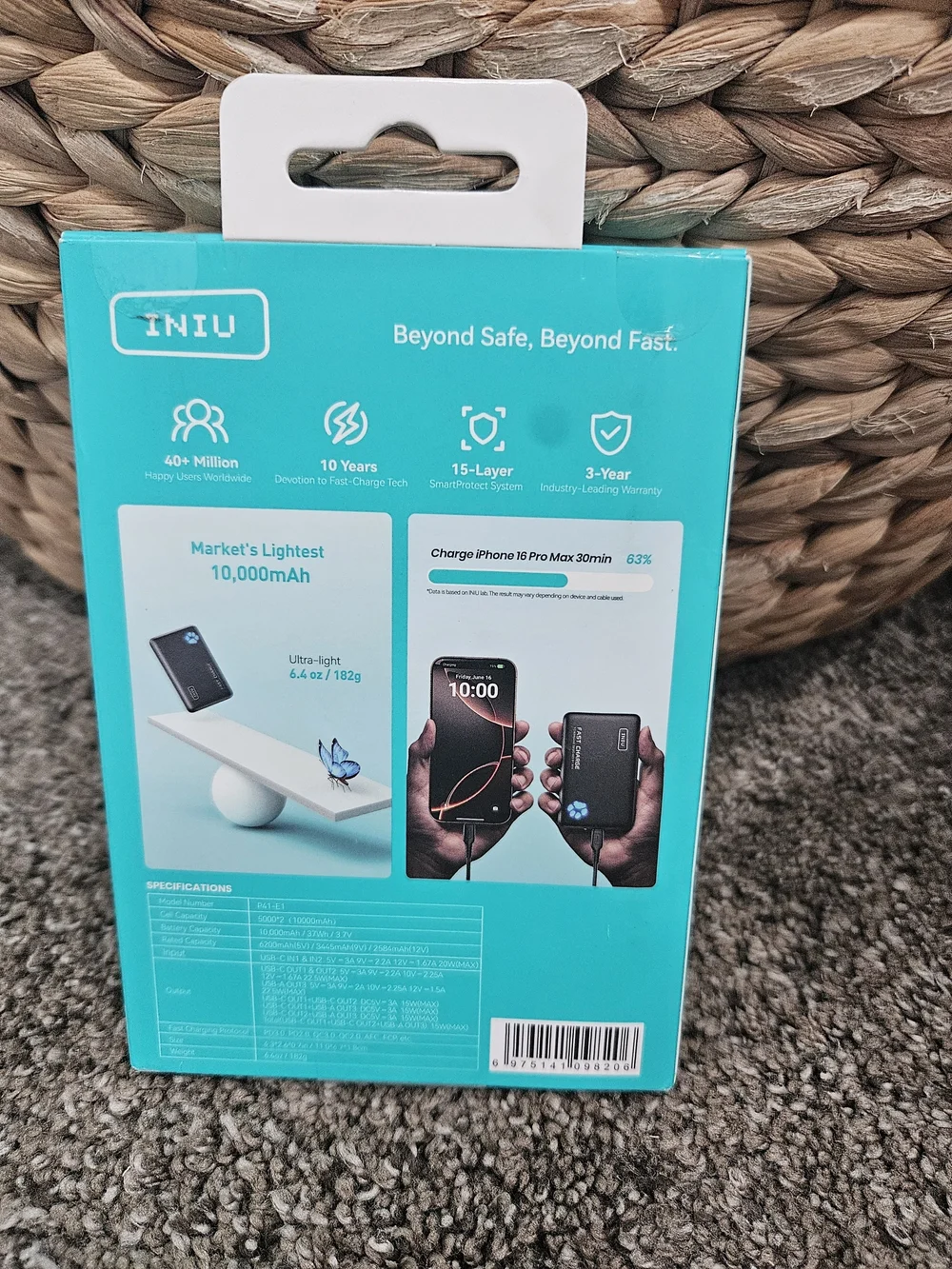INIU PowerPaw 10000mAh Portable Power Bank - Black 22.5w Fast Charging